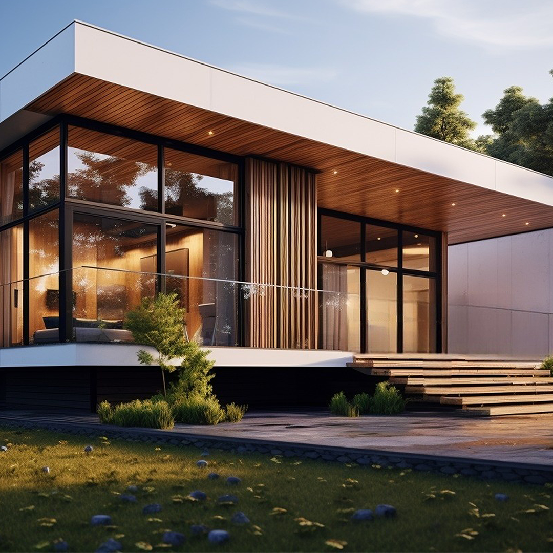 Front view of a house with a pool in front